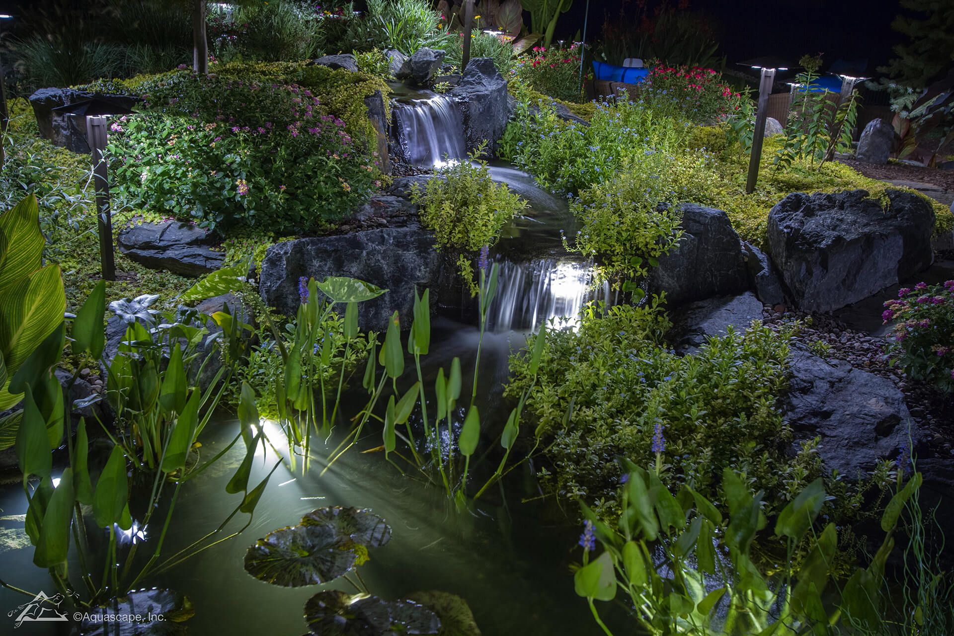 Waterfall and planted pond lit up at night with underwater lights